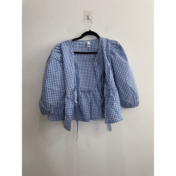 NWOT Women's Checkered Blue Tie Front Top White Country Retro Feminine Medium - Picture 3 of 13